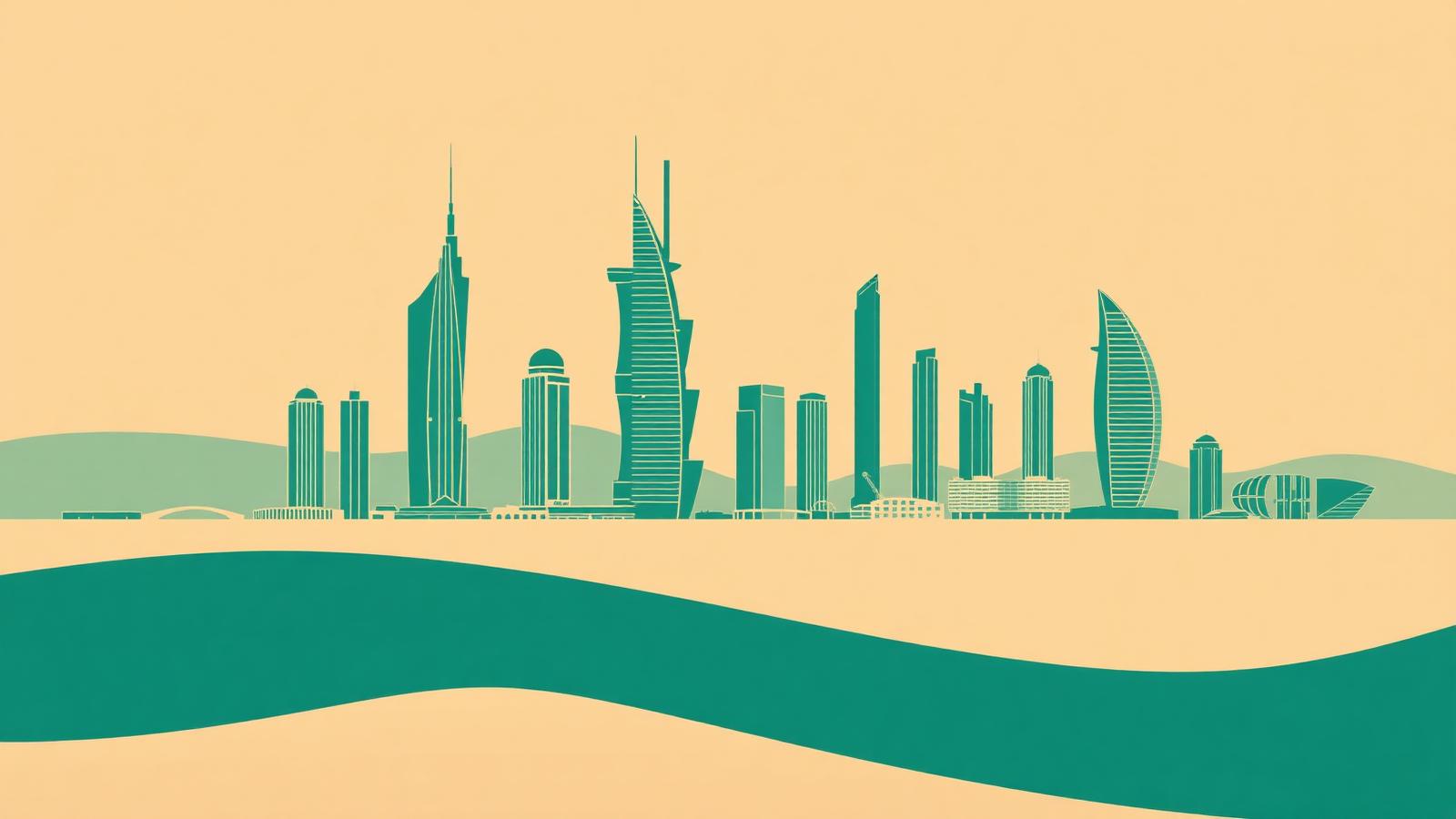 Abstract linework illustration of the Dubai skyline in teal and sand tones